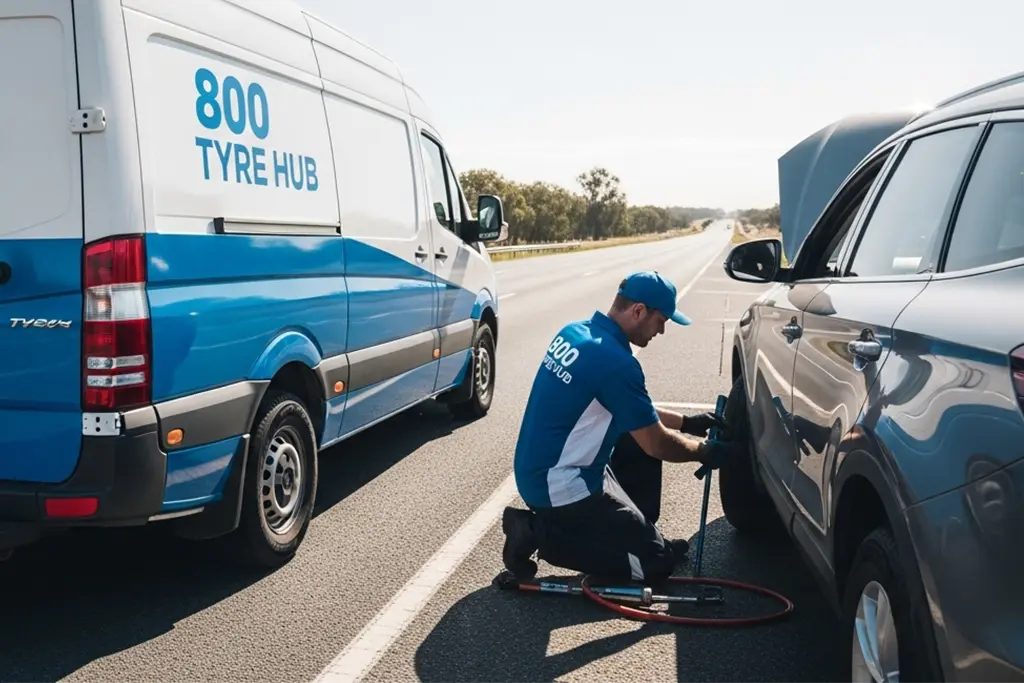 Technician repairing a punctured car tyre on the roadside in Abu Dhabi during roadside tyre puncture repair service