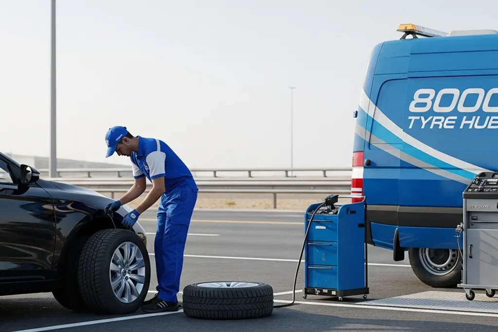 Technician performing on-site roadside tyre repair using a mobile service vehicle