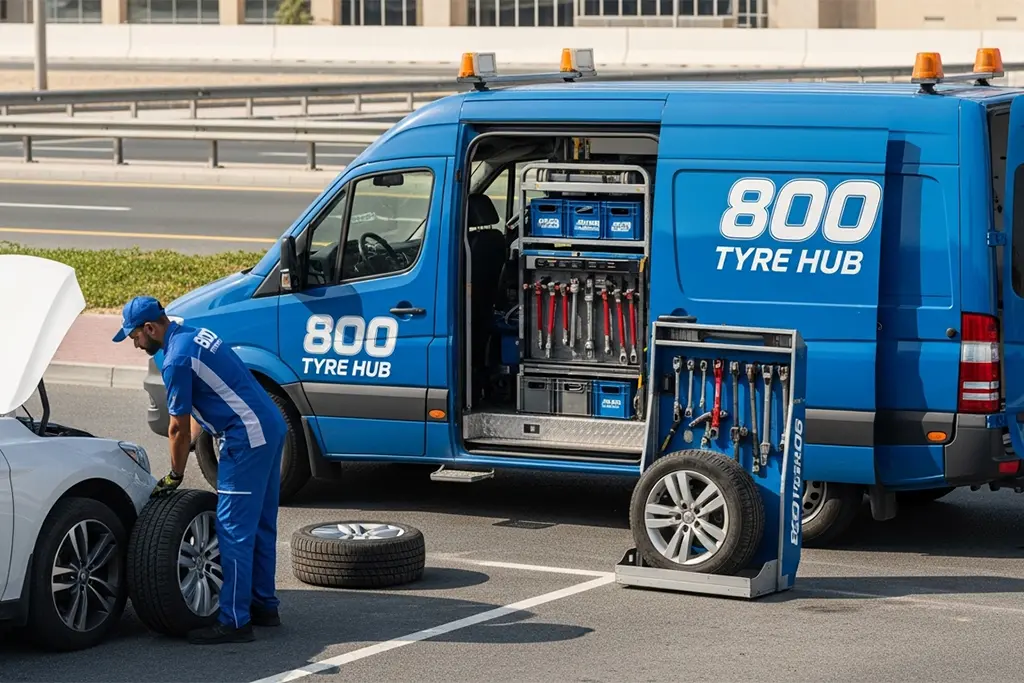 24-hour tyre repair technician from 800 Tyre Repair carrying out roadside tyre repair during a vehicle breakdown