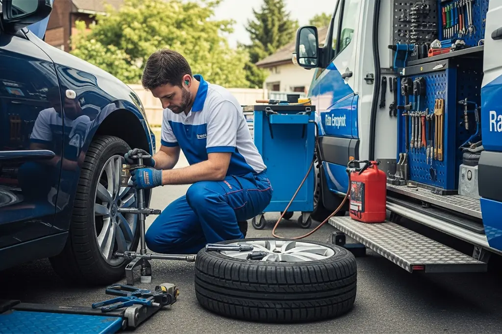 Technician repairing a run-flat tyre on the roadside during roadside tyre puncture repair service