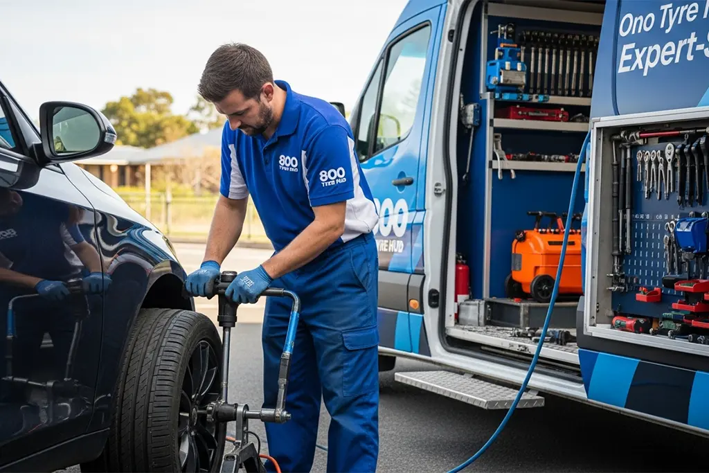 Technician repairing a run-flat tyre at the customer’s home during at-home tyre puncture repair service