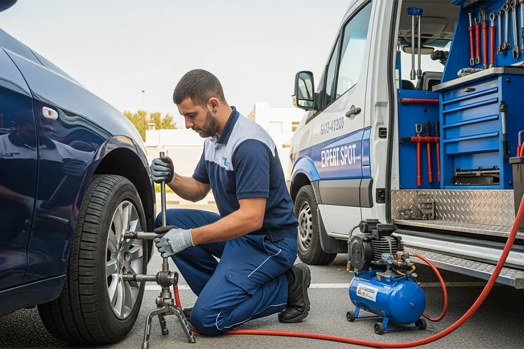 Technician urgently repairing a run-flat tyre during emergency tyre puncture repair service
