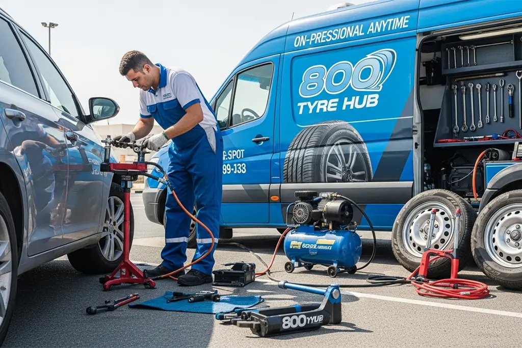 Technician repairing a run-flat tyre during 24-hour tyre puncture repair service
