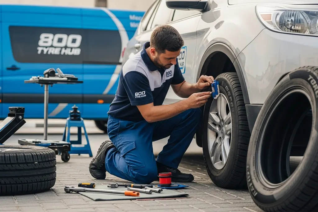 Technician inspecting sidewall damage on a flat tyre during 24/7 repair service