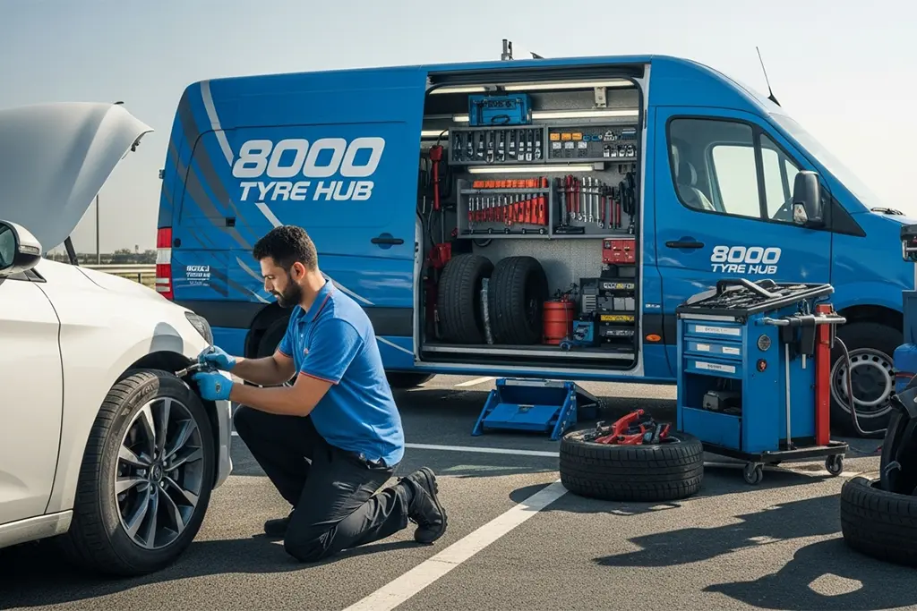 24-hour tyre repair technician inspecting and repairing sidewall damage on a car tyre at the roadside