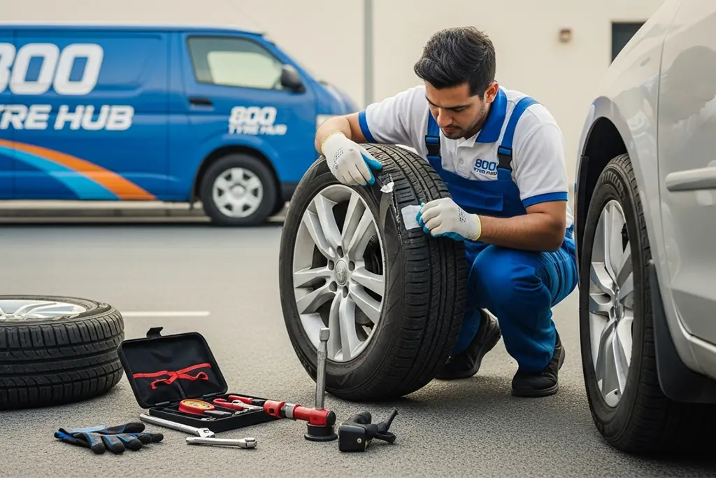 Technician inspecting and repairing sidewall damage on a flat tyre in Ajman