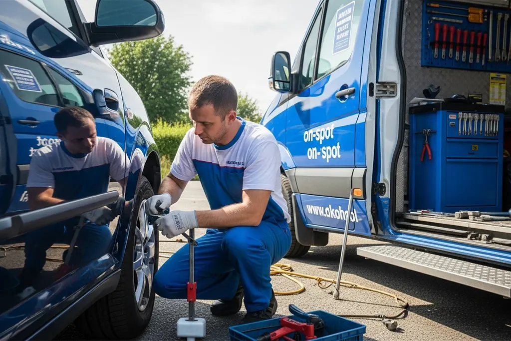 Technician inspecting and repairing a tyre sidewall puncture on the roadside
