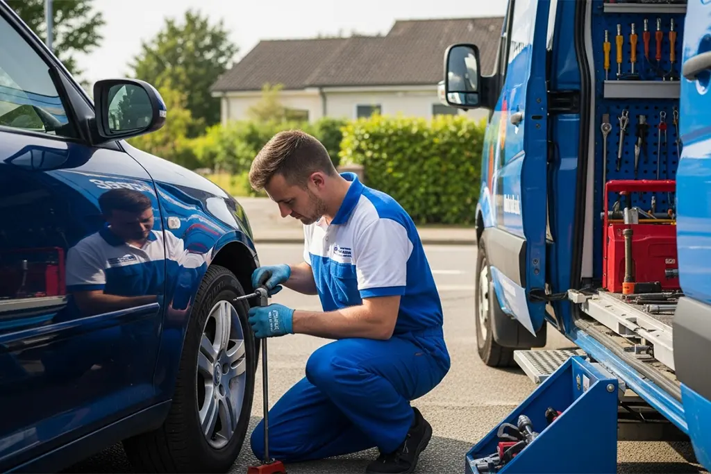 Technician inspecting and repairing a tyre sidewall puncture at the customer’s home