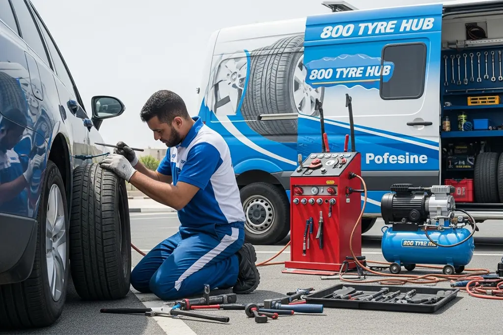 Technician inspecting and repairing a tyre sidewall puncture during 24-hour tyre puncture repair service