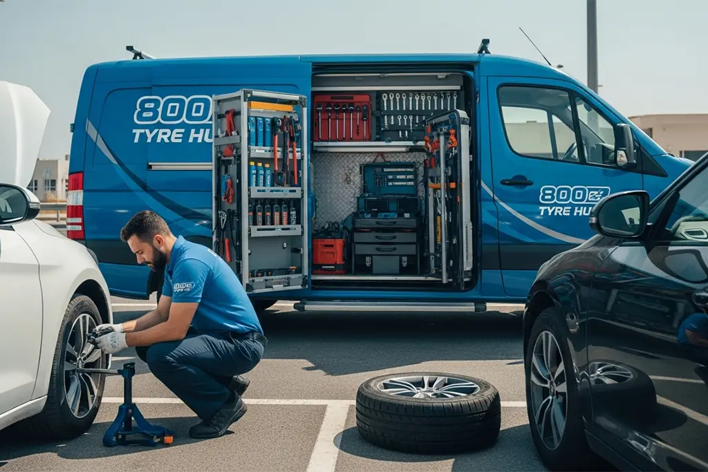 24-hour tyre repair technician diagnosing and repairing a slow tyre leak at the roadside during emergency assistance