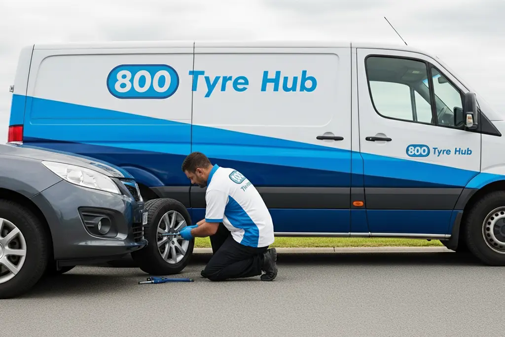 Technician repairing a valve stem on a flat tyre at the customer’s home