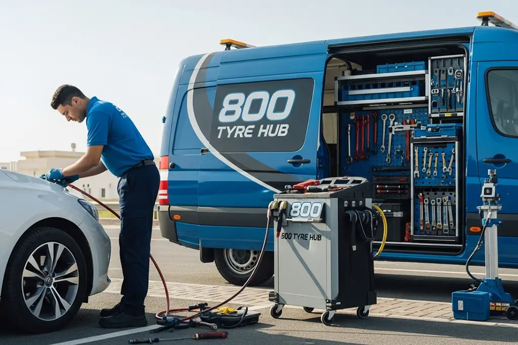 24-hour tyre repair technician fixing a leaking valve stem on a car tyre during roadside assistance