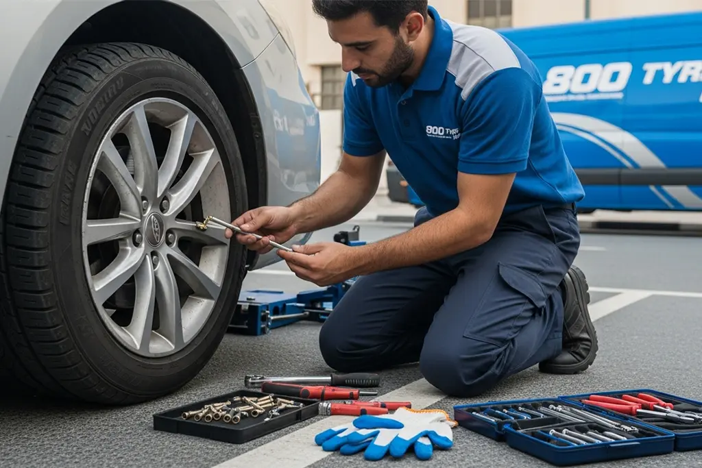 Technician repairing a flat tyre caused by a valve stem air leak in Dubai