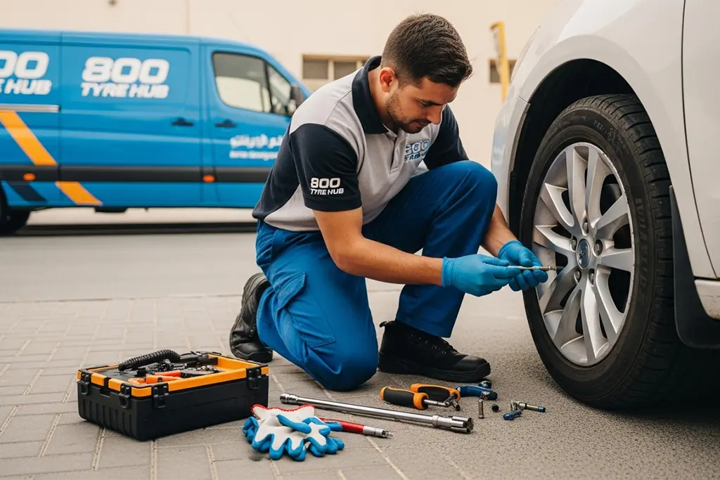 Technician repairing an emergency flat tyre caused by a valve stem air leak