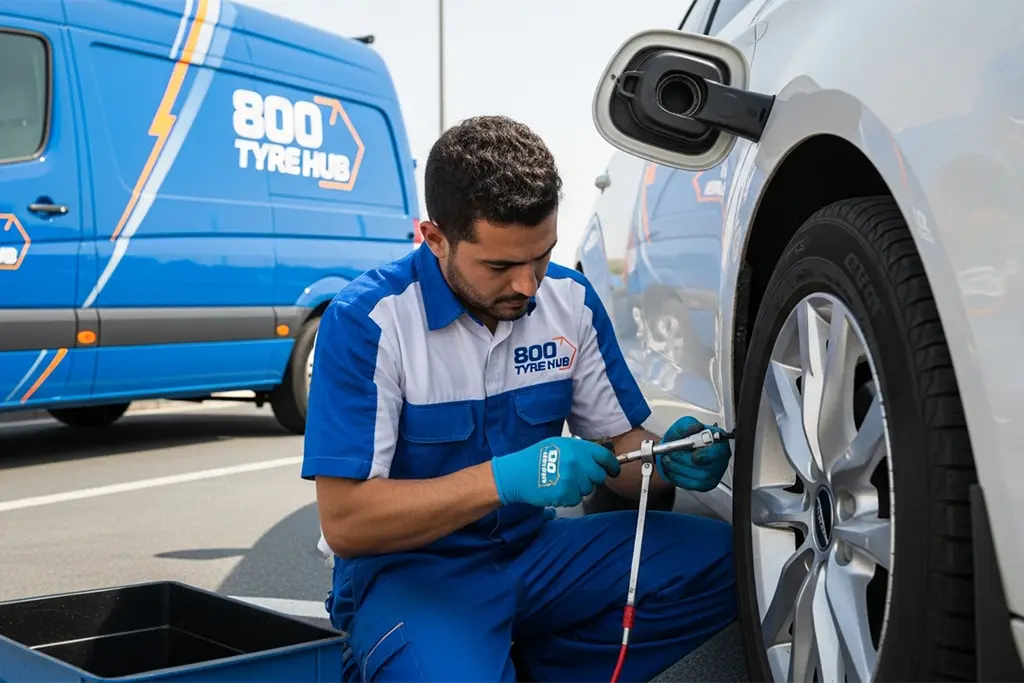 Technician repairing a tyre valve stem in Dubai