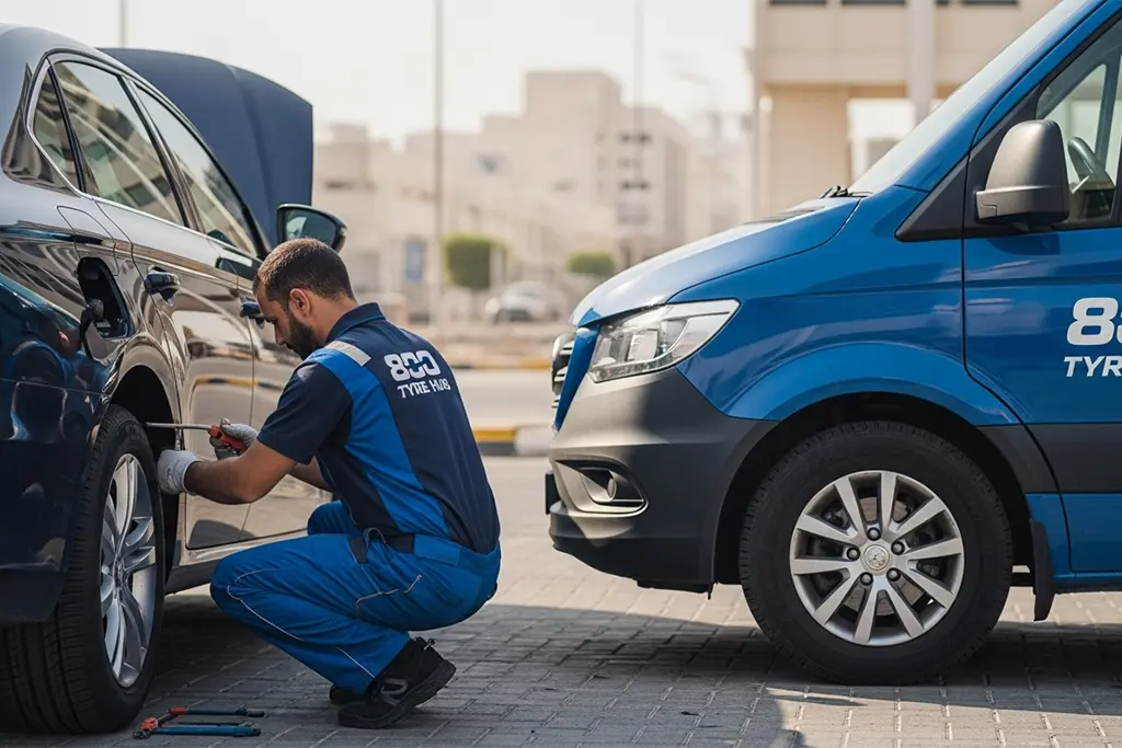 Technician repairing a damaged tyre valve stem on a car tyre in Ajman