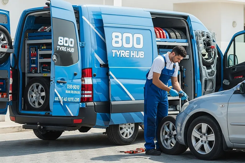 Tyre repair technician repairing a valve stem on a car tyre at the customer’s location in Ras Al Khaimah