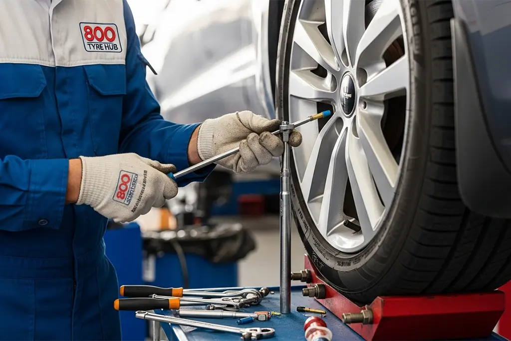 Tyre repair technician repairing a valve stem on a car tyre at the customer’s location in Ajman