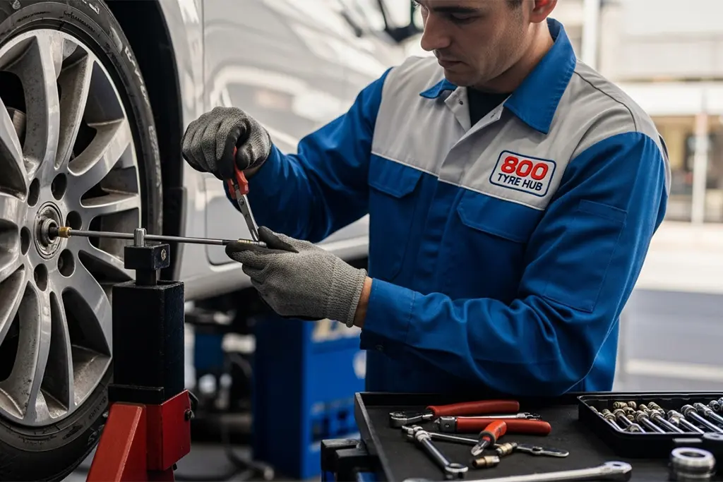 Technician repairing a tyre valve stem in Sharjah