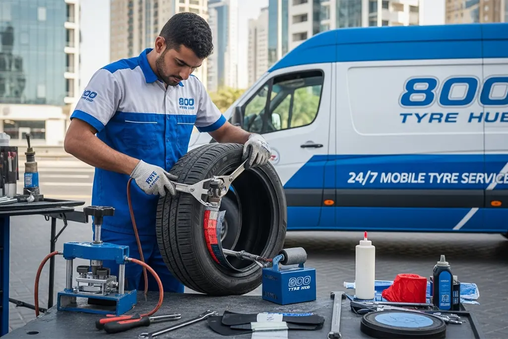 Technician repairing a tyre puncture in Dubai using hot or cold vulcanizing repair method