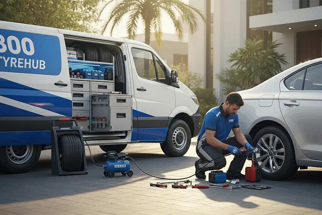 Technician repairing a punctured car tyre at home during at-home tyre puncture repair service