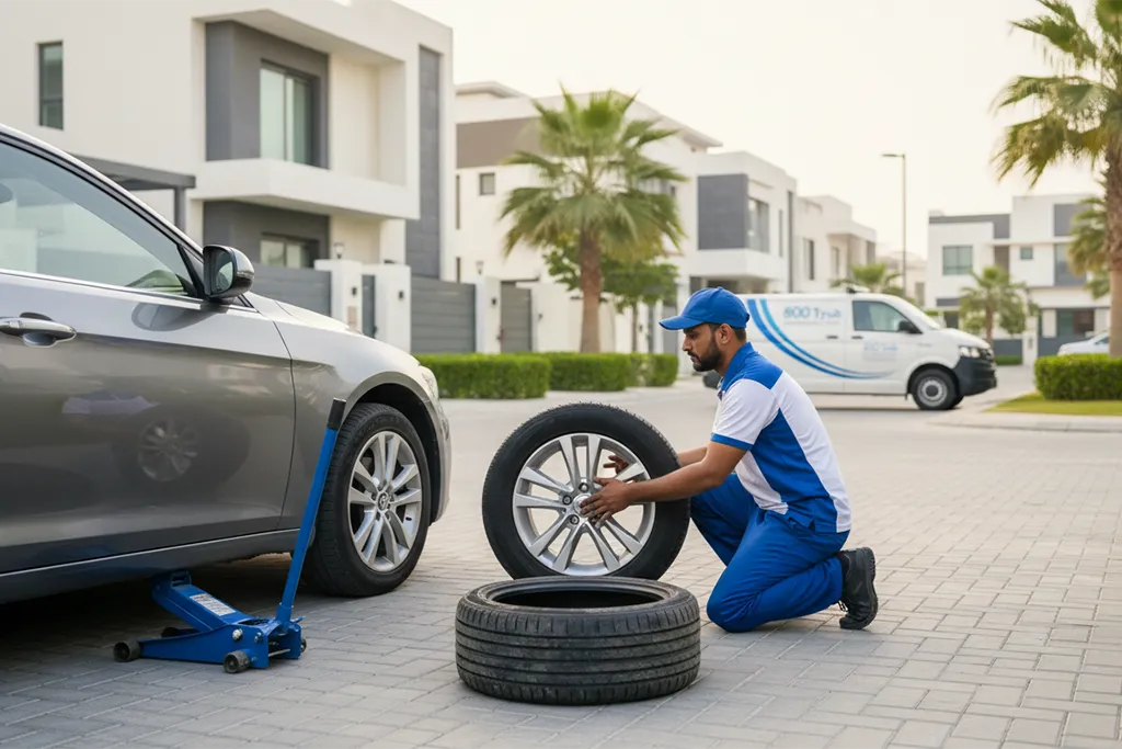 Technician providing at-home tyre replacement service in Ras Al Khaimah