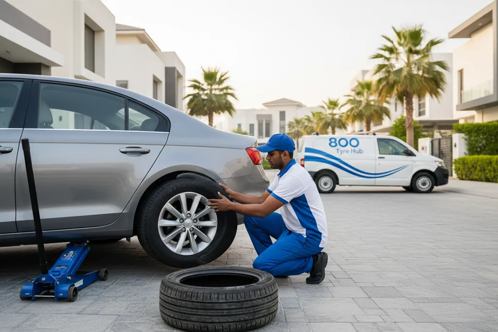 Technician providing at-home tyre replacement service in Sharjah