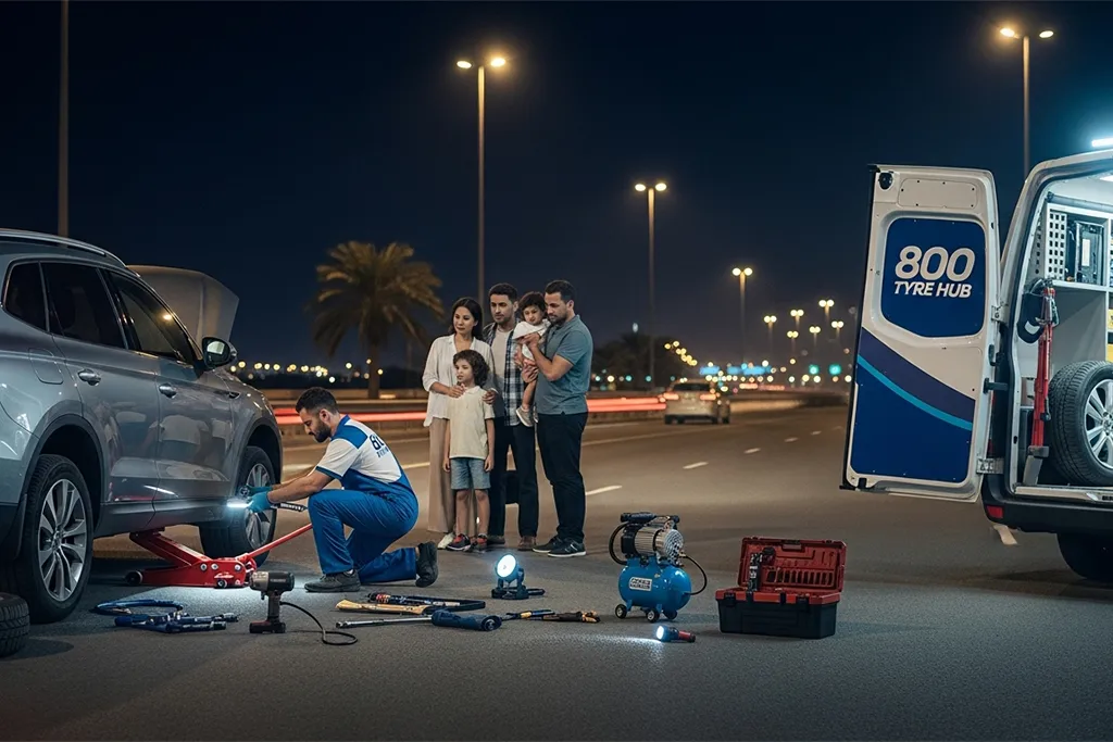 Technician responding quickly to an emergency tyre service call with on-site repair support across the UAE