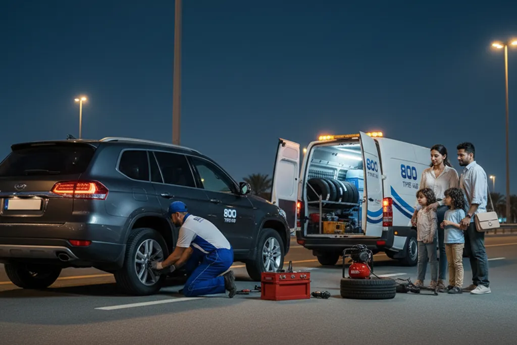 Technician providing emergency tyre replacement service in Ras Al Khaimah for a stranded vehicle
