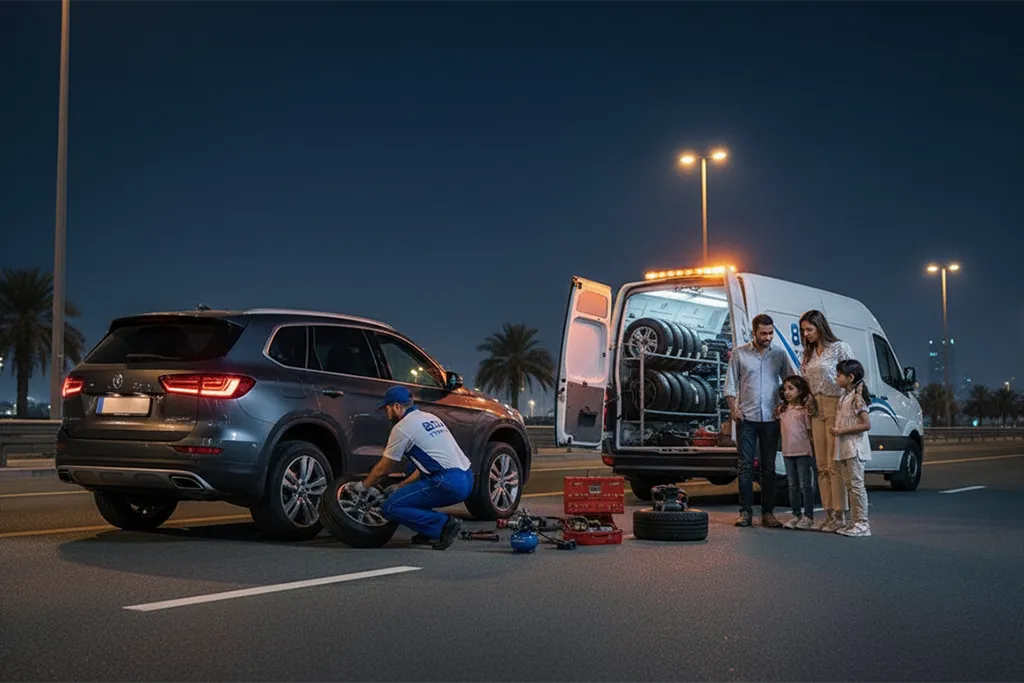Technician providing emergency tyre replacement service in Abu Dhabi for a stranded vehicle