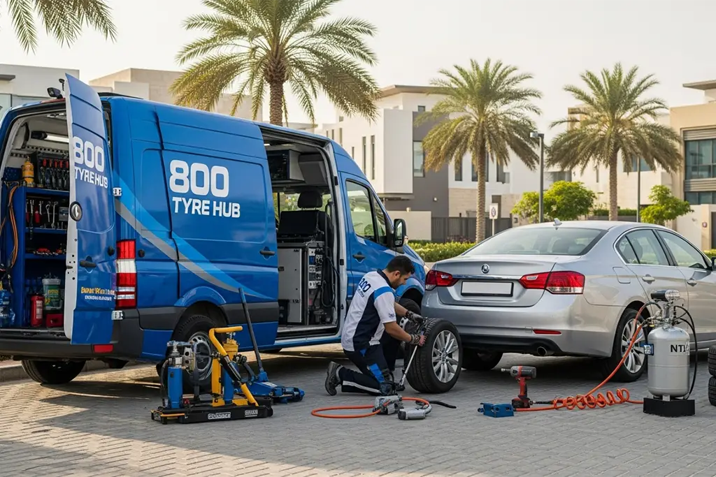 Technician providing mobile tyre service with on-site repair and assistance across the UAE