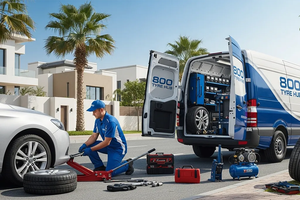 Technician providing mobile tyre replacement service in Ajman at the vehicle location