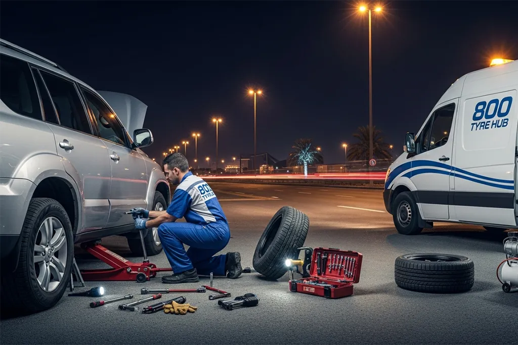 Technician providing mobile tyre replacement service in Abu Dhabi at the vehicle location