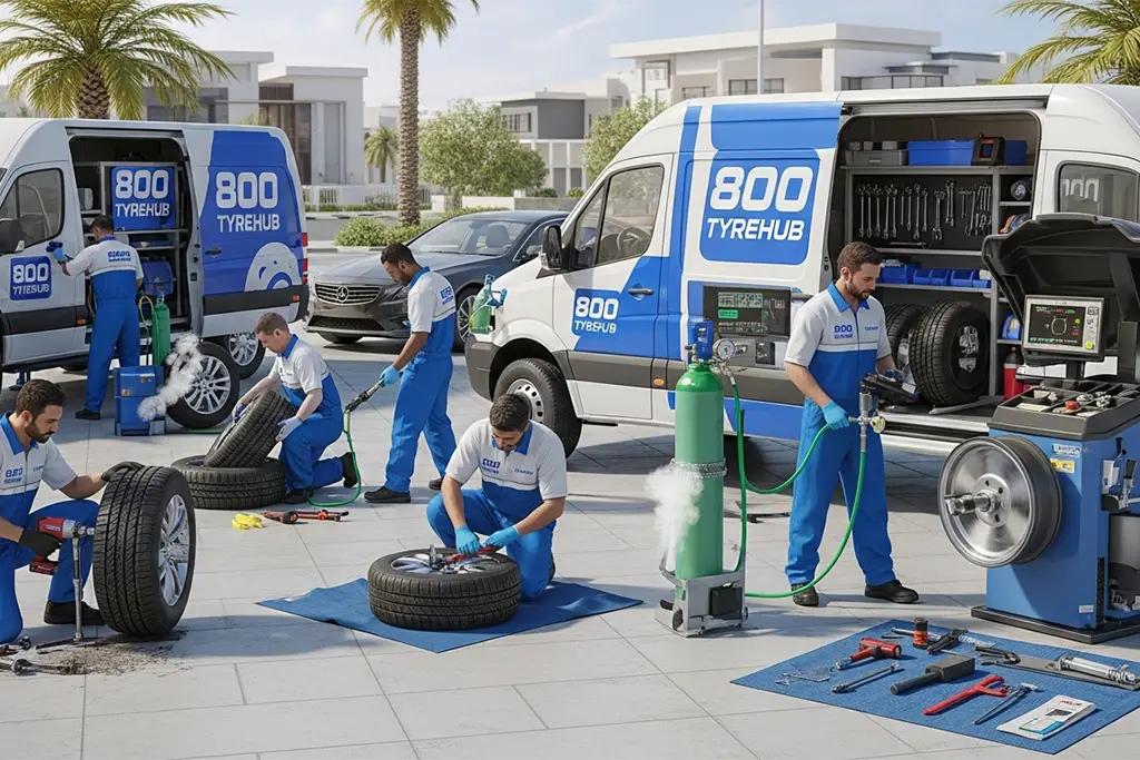 Technician providing additional car tyre and roadside services alongside tyre puncture repair