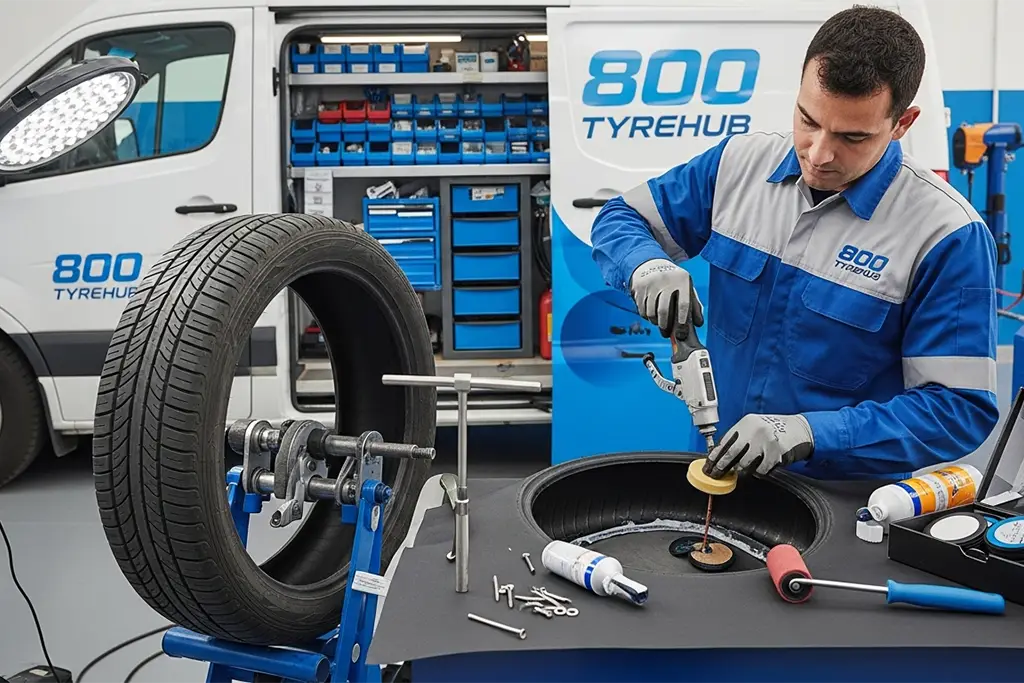 Technician repairing a tyre puncture using a combined plug and patch repair method