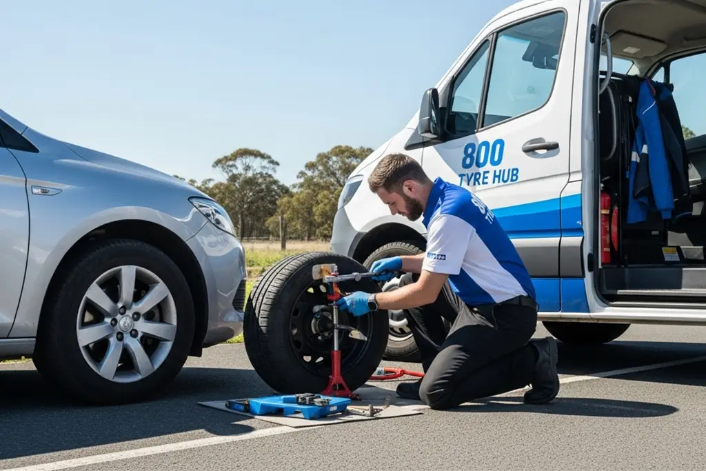 Technician performing plug and patch combination repair on a flat tyre at the roadside