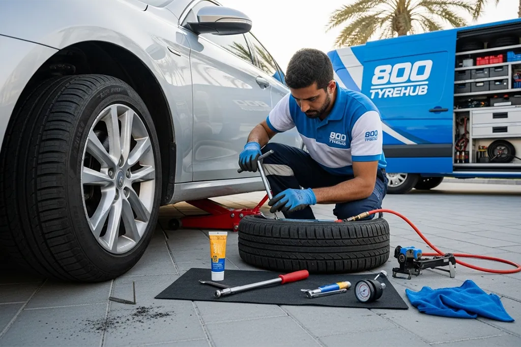 Technician repairing a tyre puncture using a plug repair method on a car tyre
