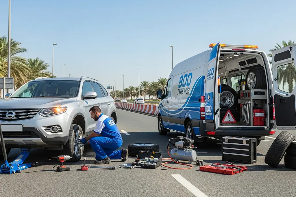 Technician providing roadside assistance for tyre issues with on-site support across the UAE