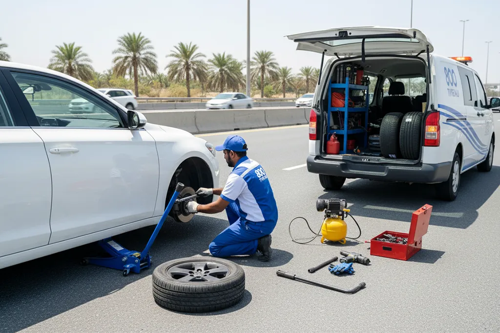 Technician providing roadside tyre replacement service in Ras Al Khaimah for a stranded vehicle