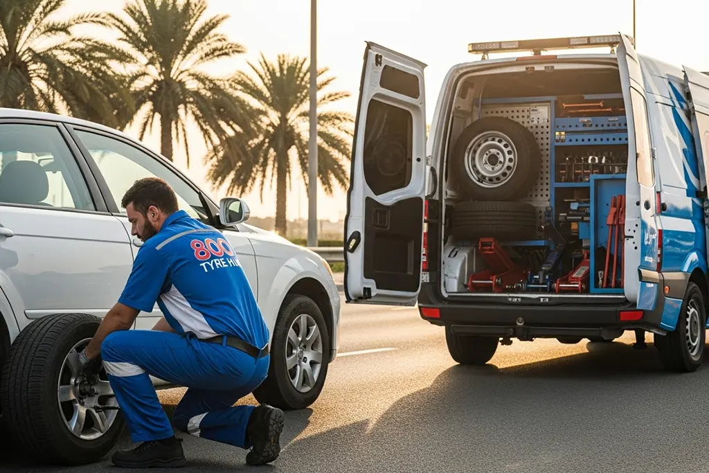 Technician performing mobile emergency flat tyre repair at the customer’s location