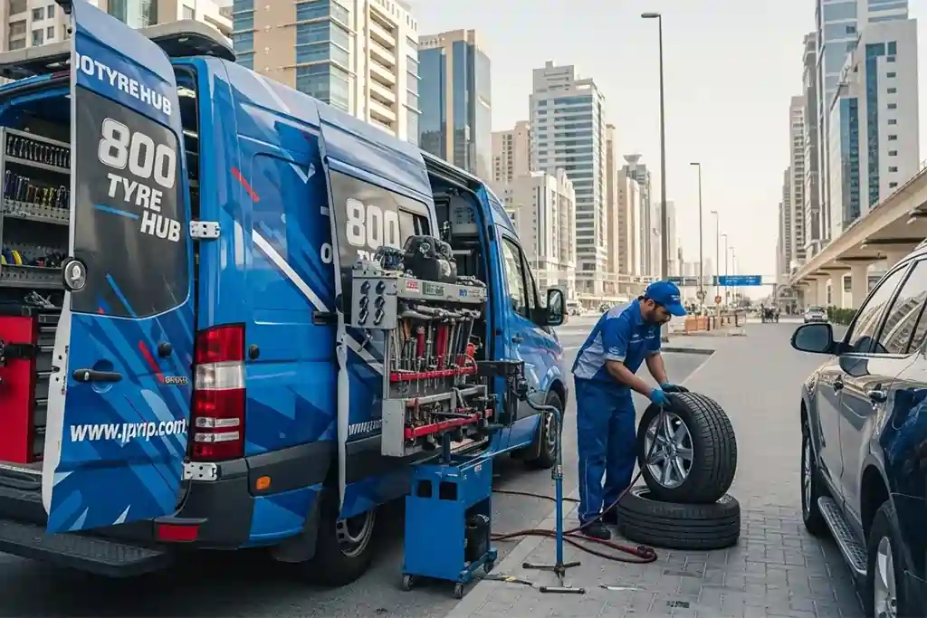 Technician providing mobile tyre repair service in the UAE at the vehicle location