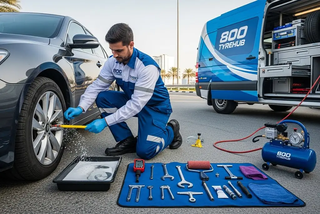 Technician repairing a tyre puncture in Ras Al Khaimah using a combined plug and patch repair method