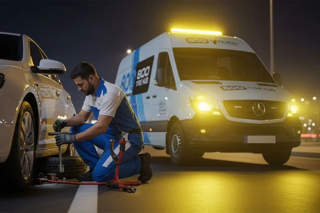 Technician providing 24/7 at-home tyre replacement service for a vehicle
