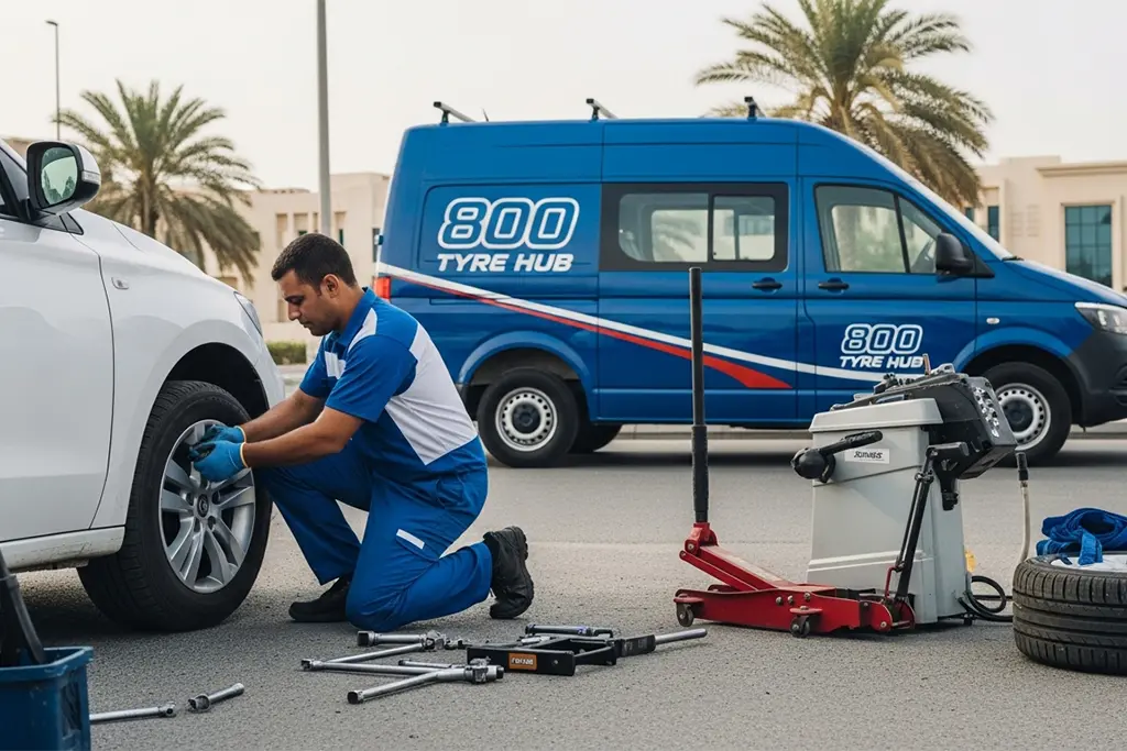 Roadside tyre repair technician providing 24/7 assistance for a flat tyre during a vehicle breakdown