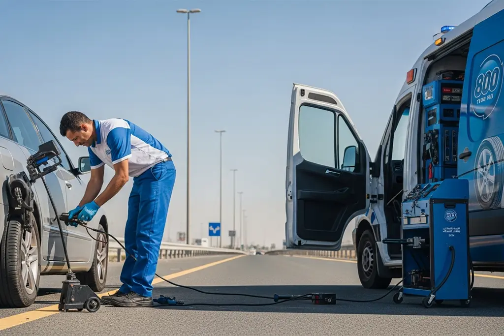 Technician providing emergency at-home tyre replacement service for a vehicle