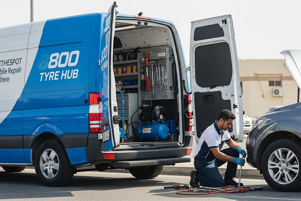 Technician providing mobile tyre replacement service at a home location