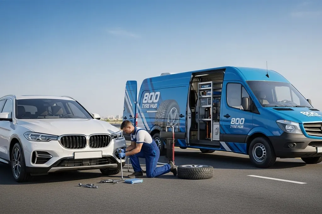 Technician providing 24/7 flat tyre repair service at the customer’s location