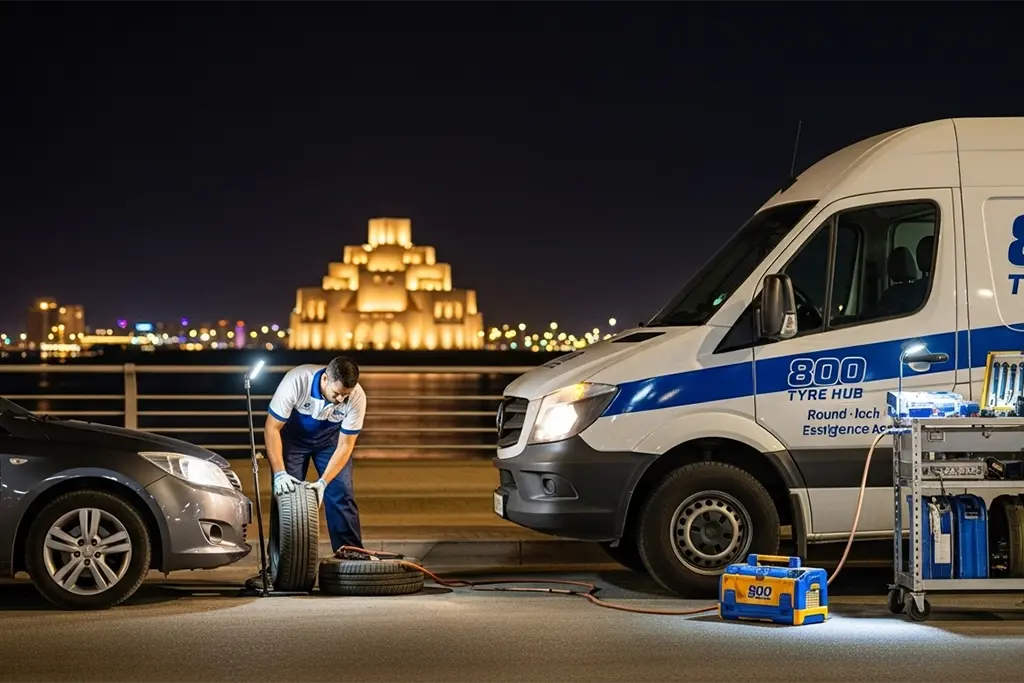 Technician repairing a punctured car tyre in Dubai during 24/7 tyre puncture repair service