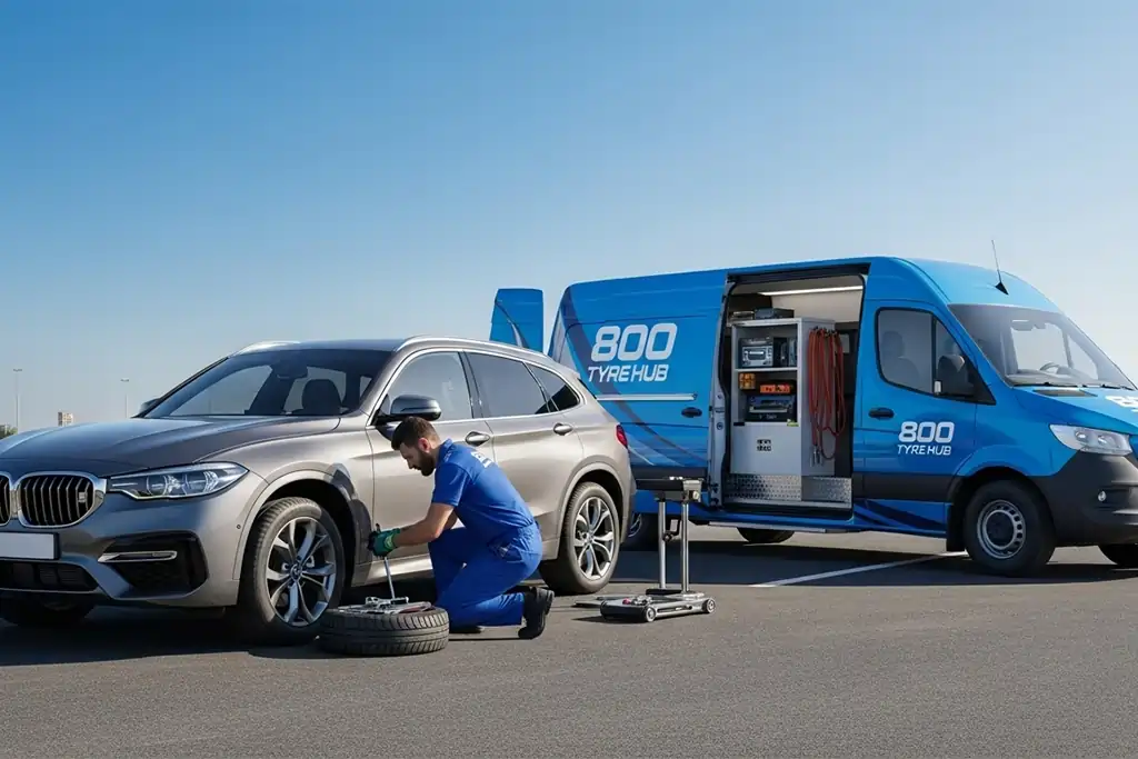 Technician repairing a tyre puncture in Sharjah using hot or cold vulcanizing repair method