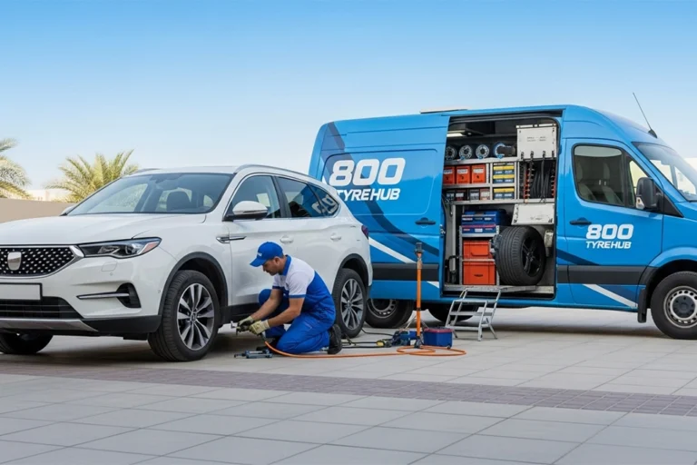 Technician detecting and repairing a slow air leak in a flat tyre in Ras Al Khaimah